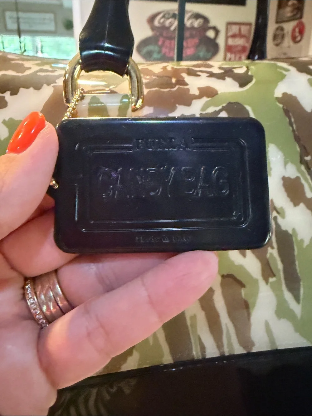 Furla Green, Brown & White Camo Patent Duffel camouflage